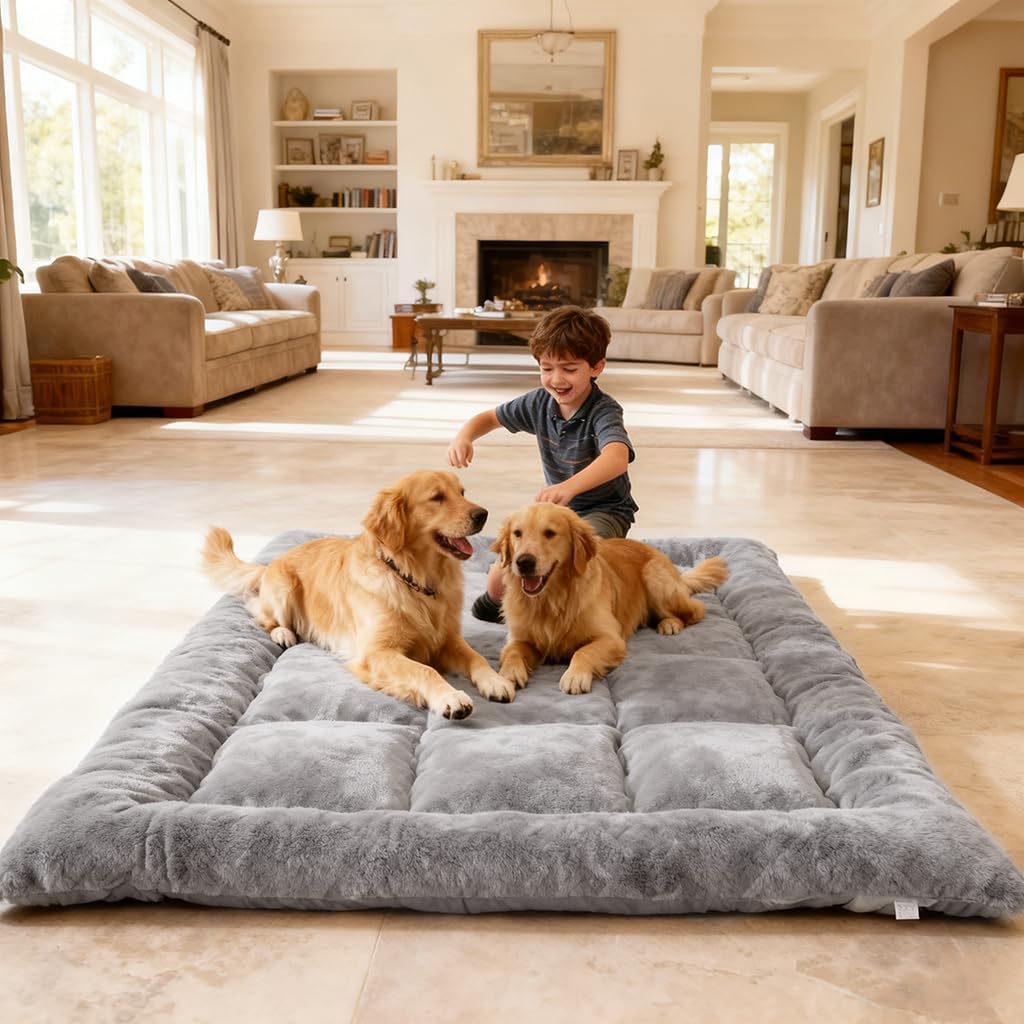 Extra Large Plush Dog Bed Mat, Gray, Soft Non-Slip Washable Pet Sleeping Pad for Large Dogs, Winter Warmth Comfort Cushion for Multiple Pets (XXX-Large)