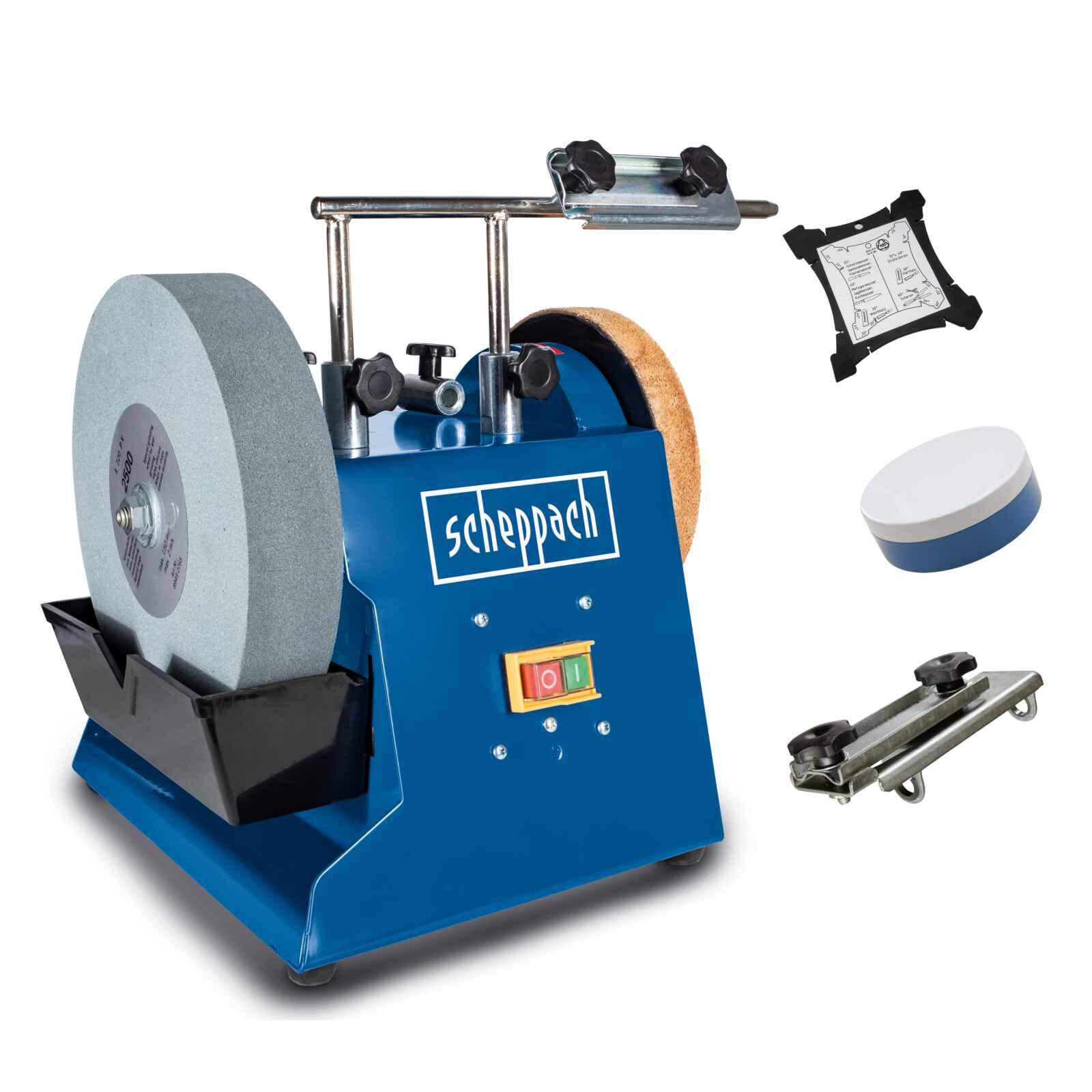 Tiger 2500 Wet Bench Grinder | Ø250mm Corundum Whetstone | 200W | Leather Honing Wheel | Universal Grinding Jig & Angle Gauge | for Workshop Tools & DIY