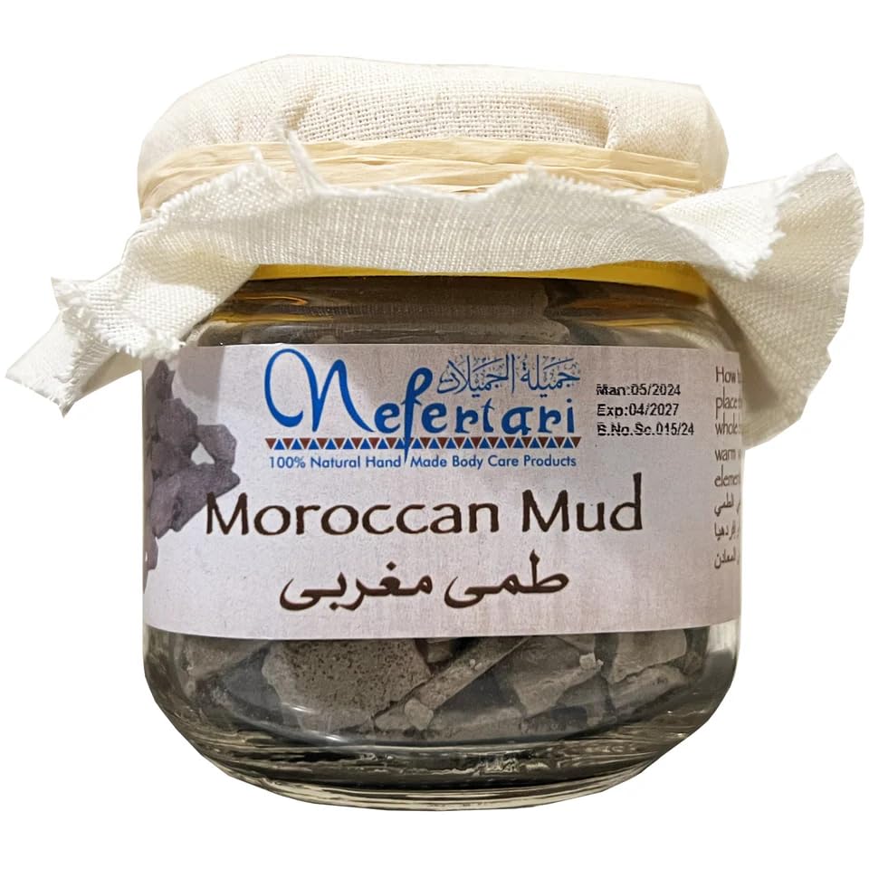 Nefertari Moroccan Mud Mask, Imported from Morocco. It cleans the pores, provides the skin with rare minerals and gets rid of the dead skins and leaves the skin much softer.