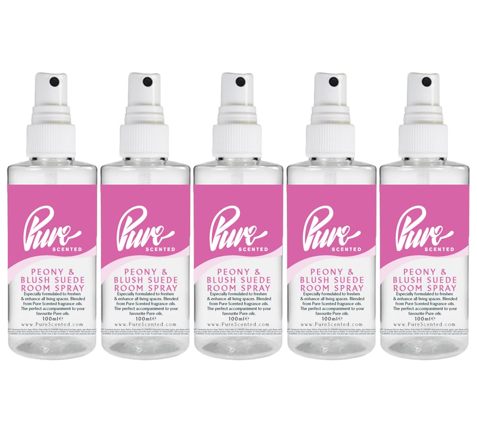 "Pure Scented 500ml Room & Fabric Sprays 5 x 100ml Suitable For Home, Car, Caravan, Work, Gym Bags, Odour Eliminators (5 x 100ml, Peony & Blush Suede)"