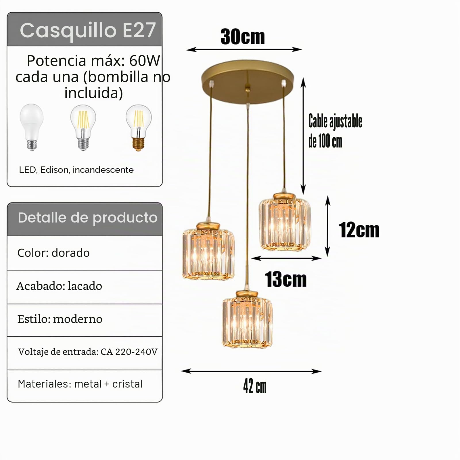 Lámpara colgante de cristal de 3 luces, base dorada y lámpara de techo de cristal, accesorio de iluminación colgante para cocina, isla, comedor, dormitorio (Oro)