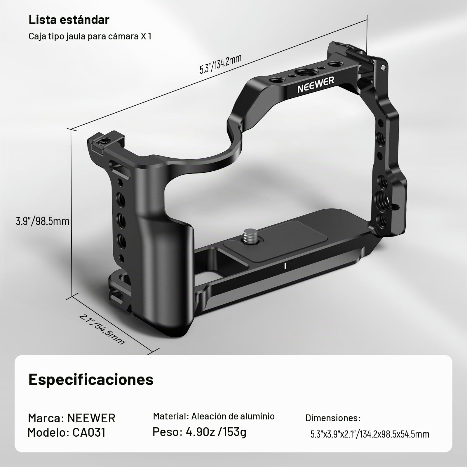 NEEWER R50 Cage Jaula de Cámara Compatible con Canon EOS R50, Video Rig de Aluminio con NATO Rail, 1/4" Roscas, 3/8" Orificios ARRI, Zapata Fría, Compatible con dji Gimbals Arca Type QR System, CA031
