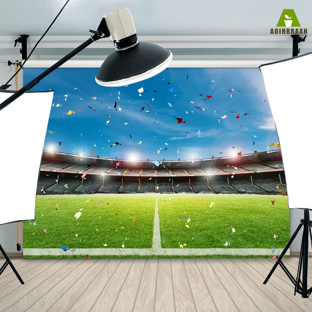 Aoihrraan 3,5x2,5m Calcio Campo Sfondo Calcio Corte Paillettes Faretti Stadio Partita Fotografia Sfondo Sport Tema Festa Arredamento Banner Ragazzi Compleanno Video Ritratto Foto Studio Prop