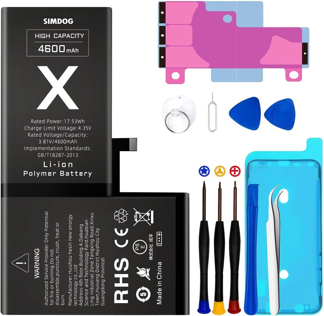 Replacement for iPhone X Battery Kit, 4600mAh High Capacity, New Upgrade 0 Cycle, for iPhone X Model A1865 A1901 A1902 with Full Set Professional Repair Tool Kits