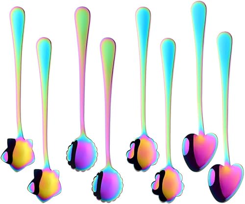 Juego de cucharas de café de flores, 8 cucharaditas de acero inoxidable, varios colores para café, té, mezcla, azúcar, helado, cucharas de barra de