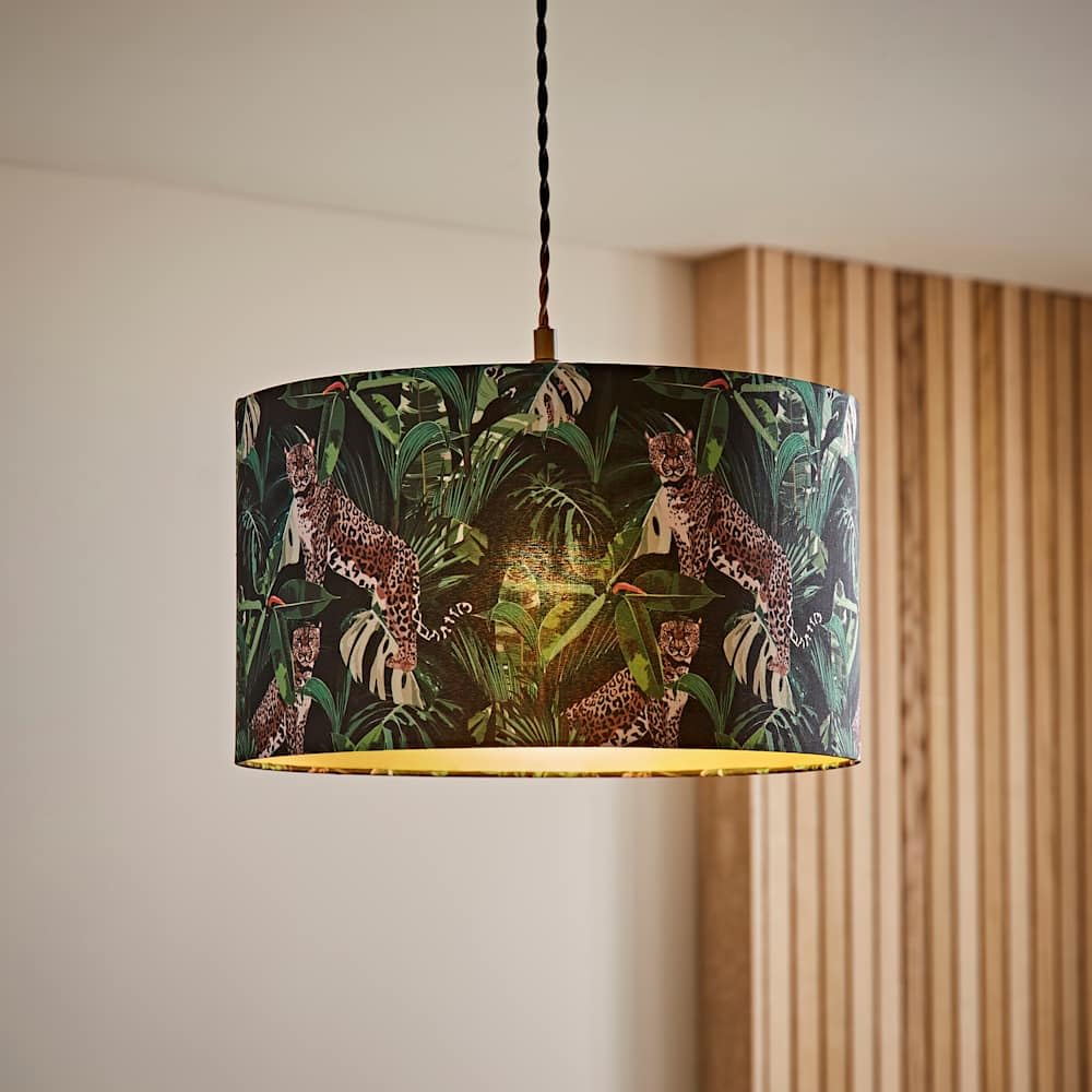 Valuelights Unisex Green Addalyn Jungle Print And Gold Inner Easy Fit Lamp Shade And Bulb
