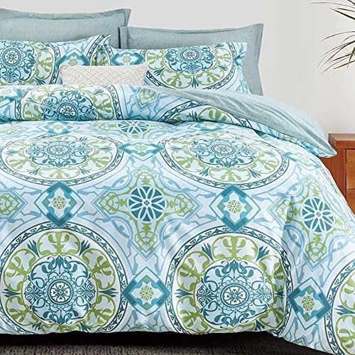 Shatex 3 Piece Queen Comforter Bedding Set- Blue And Green Bedding Comforter Set For All Season, Ultra Soft Polyester Round Flower Pattern Bedding Comforters #TOP5