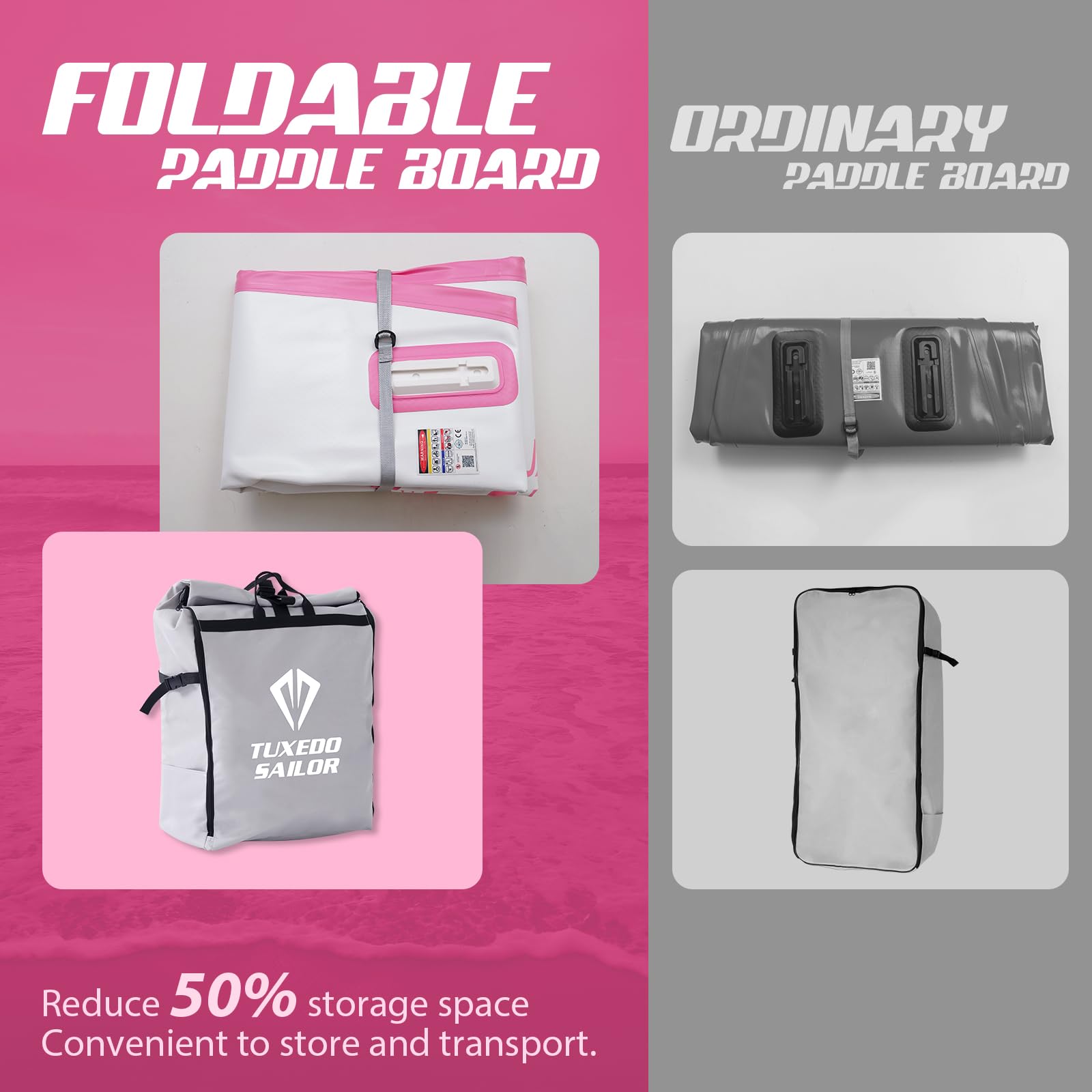 Tuxedo Sailor Tabla de remo inflable plegable para todos los niveles de habilidad, incluye tablas de remo, remo, aletas, mochila, color rosa
