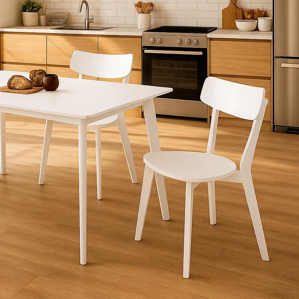 Homely® | Pack 2 sillas Comedor Cody | Auténtico Estilo Escandinavo y Minimalista, para tu Comedor o Cocina | Respaldo Ergonómico Curvado, Tablero Lacado y Madera Maciza Rubberwood | Lacado Blanco