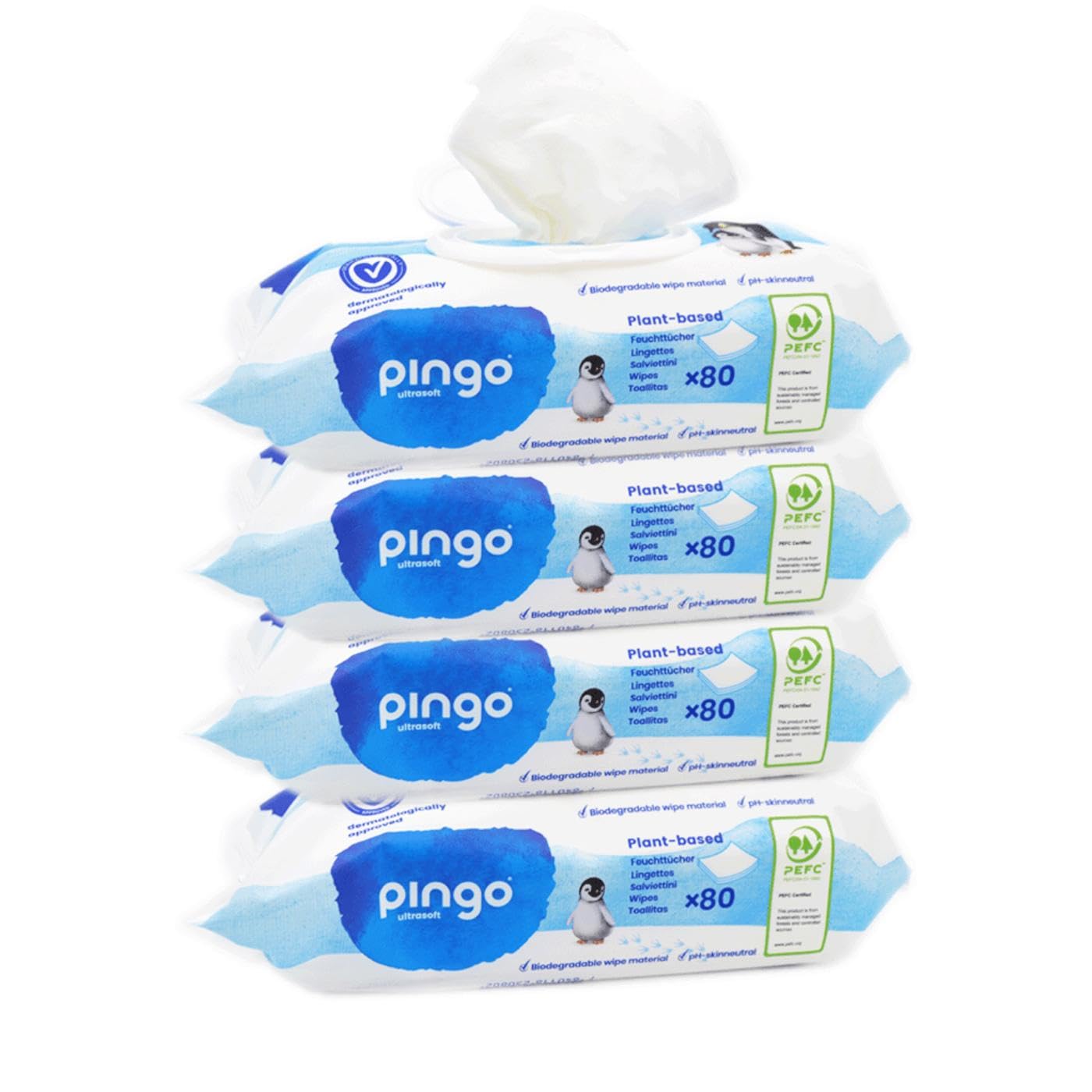 Pingo Salviettine Umidificate 100% Biodegradabili, Confezione Da 12 Da 80 Pezzi, Per Pelli Sensibili - copertina