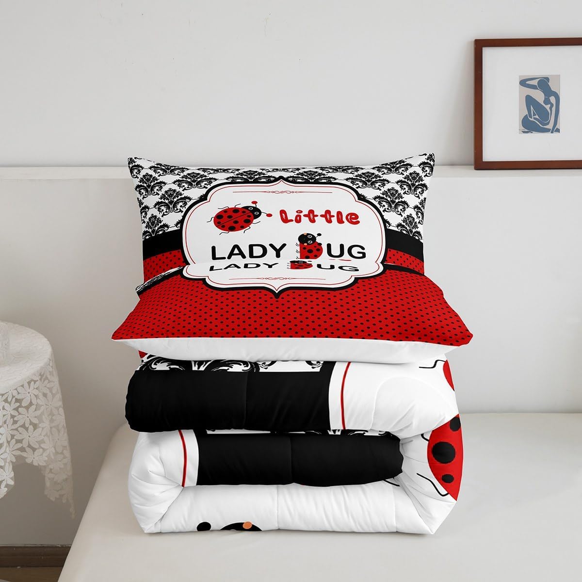 Ladybug Comforter Set for Kids Adults,Cute Polka Dota Red Black Print Bedding Sets Twin,Vintage Gothic Victorian Floral Quilt Sets,Boys Girls Cartoon Theme Quilt Comforter with 2 Pillowcases