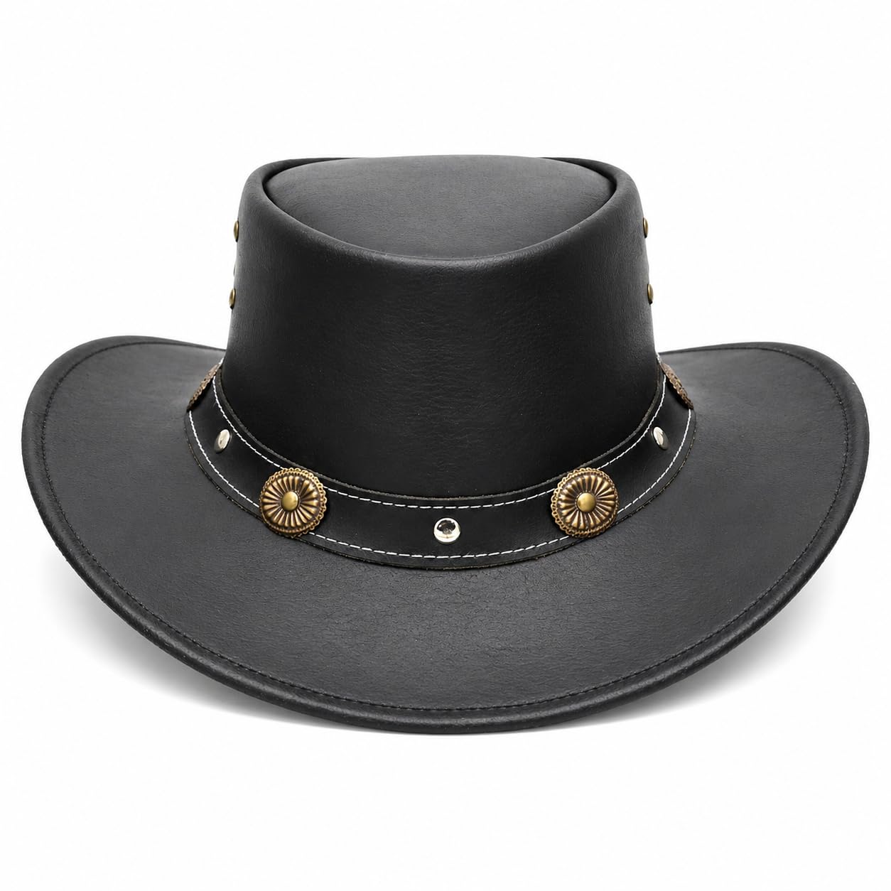 Equine Care Cappello da cowboy in pelle nera (L 58-59 cm) per uomini e donne - Cappello Western Outback in vera pelle bovina spaccata con tesa modellabile da 2,7 ″, banda concho decorativa, cappello
