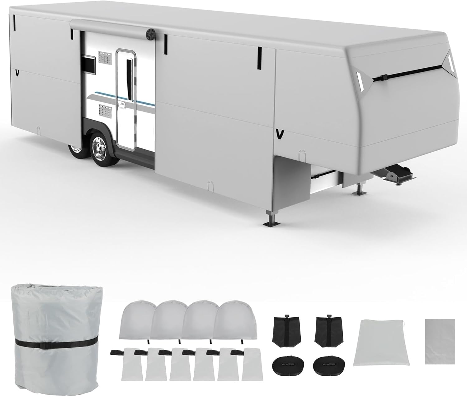 SCITOO 300D Top Oxford Cloth 5th Wheel RV Cover 37'-41' with 4 Tire Covers and Gutter Covers Jack Cover Waterproof Rip-Resistant Anti-UV Winter Camper Cover Toy Hauler Cover RV Travel Cover