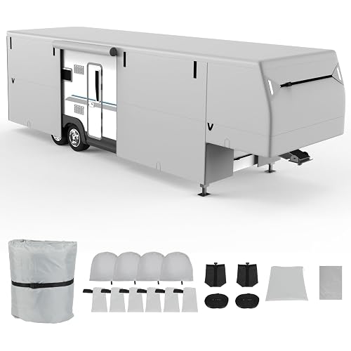 Oxford Fabric 5th Wheel RV Cover for 29-33，Waterproof Windproof Anti-UV Rip-Stop Heavy Duty RV Trailer Cover Camper Cover Toy Hauler Cover with 4 Tire Covers
