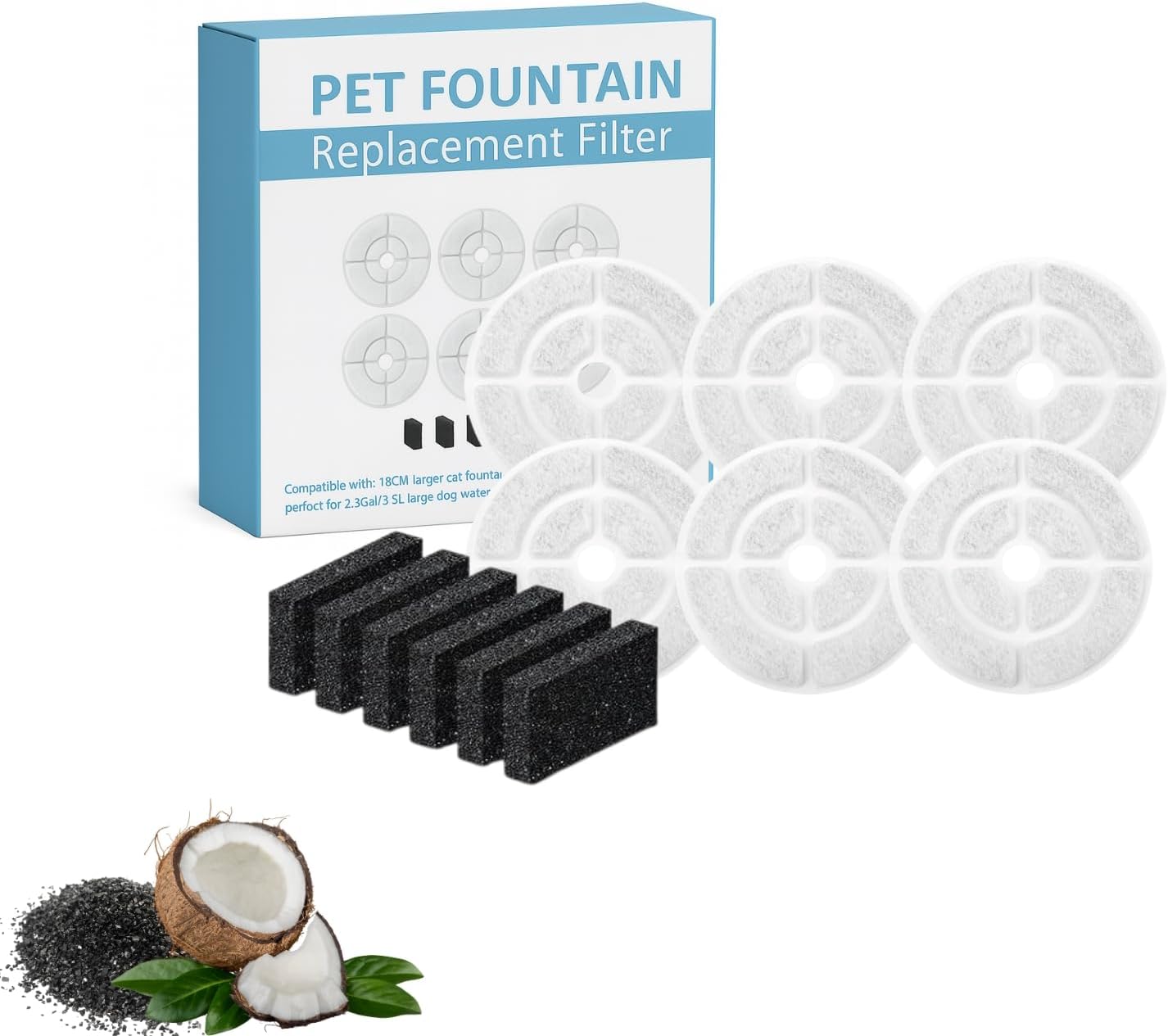 Nispira Cat Water Fountain Filter Replacements for Kastty Sibays 2.5Gal/9.5L Large18CM Dog Water Fountain Dispenser Wireless Pumps Black Sponge, 6 Packs