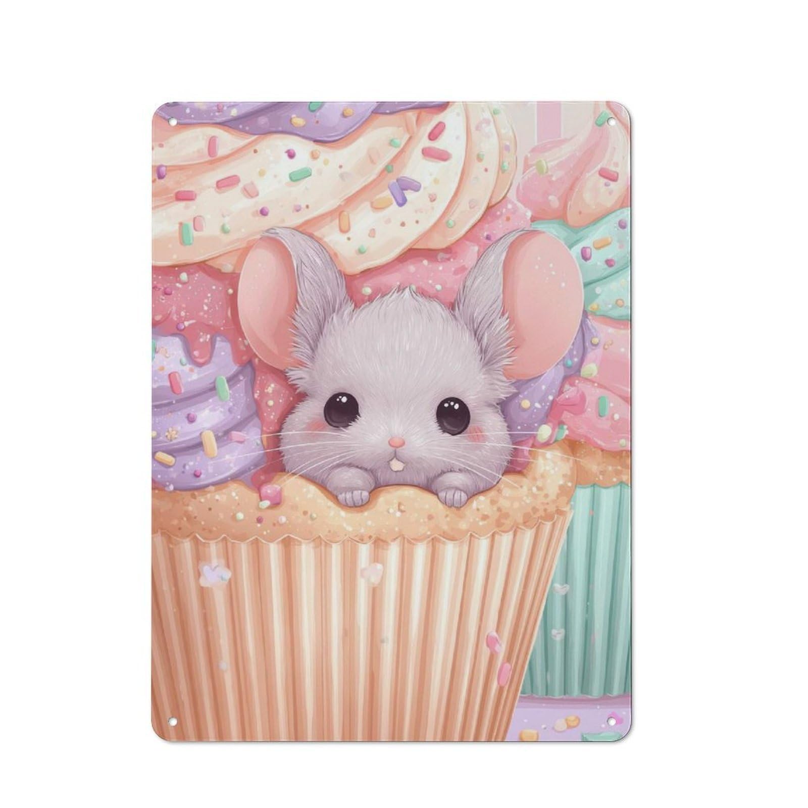 Junmoney Cute Mouse In Cupcake Pastel Colors Rustic Tin Wall Sign 40X30cm Featuring Bistro Wall Plaque For Restaurant, Kitchen, Counter Or Breakfast Nook