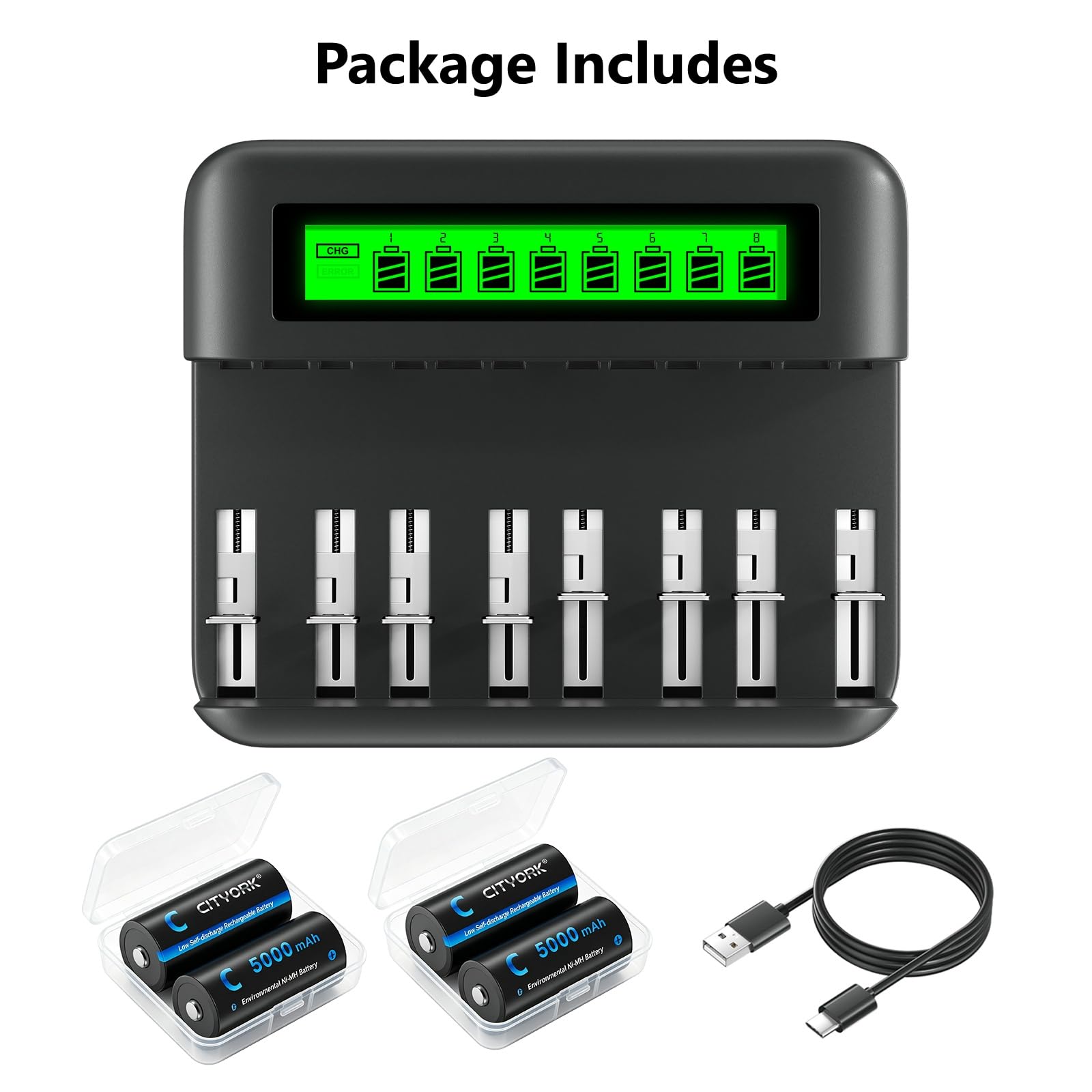 CITYORK Lot de 4 batteries rechargeables C 5000 mAh et 8 baies LCD rechargeables pour piles rechargeables Ni-MH AA AAA C D