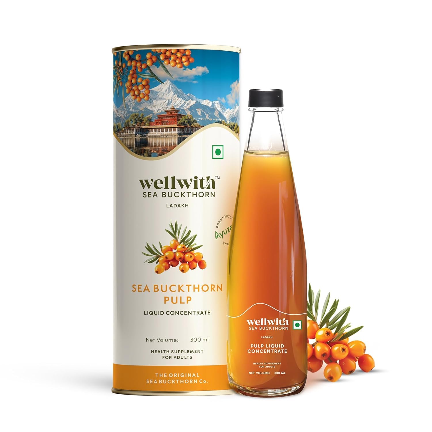 Ayuzera (Wellwith) Himalayan Sea Buckthorn Pulp Concentrate 300ml | Cold-Pressed | Makes 50 Glasses | Natural Vitamin C, Omega 3 6 7 9, Antioxidants | Immunity, Skin Glow & Gut Health Support | Herbal Juice Seabuckthorn Supplement