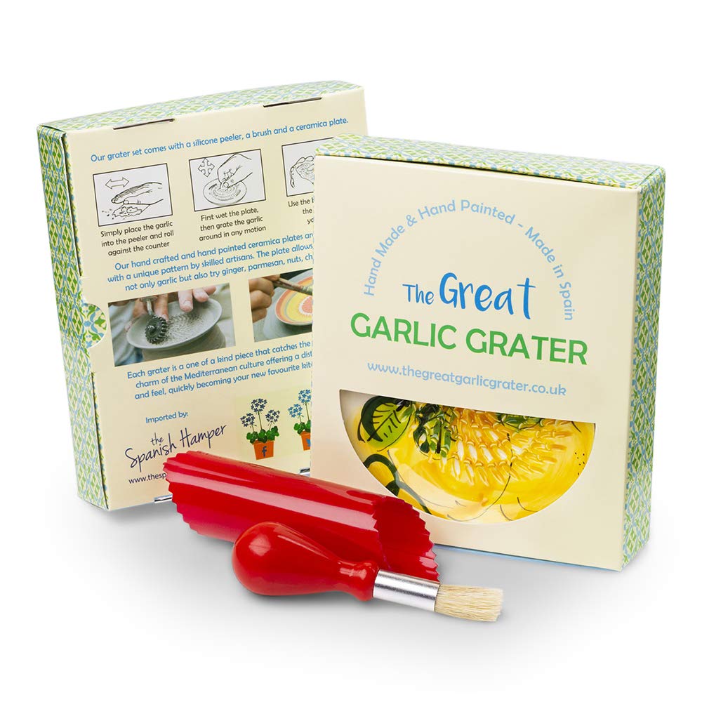 Garlic Grater Plate Set with Brush and Peeler. (#Ref 8). White Plate with Blue Rim. Lemon Pattern. Handmade and Hand Painted in Cordoba, Spain.