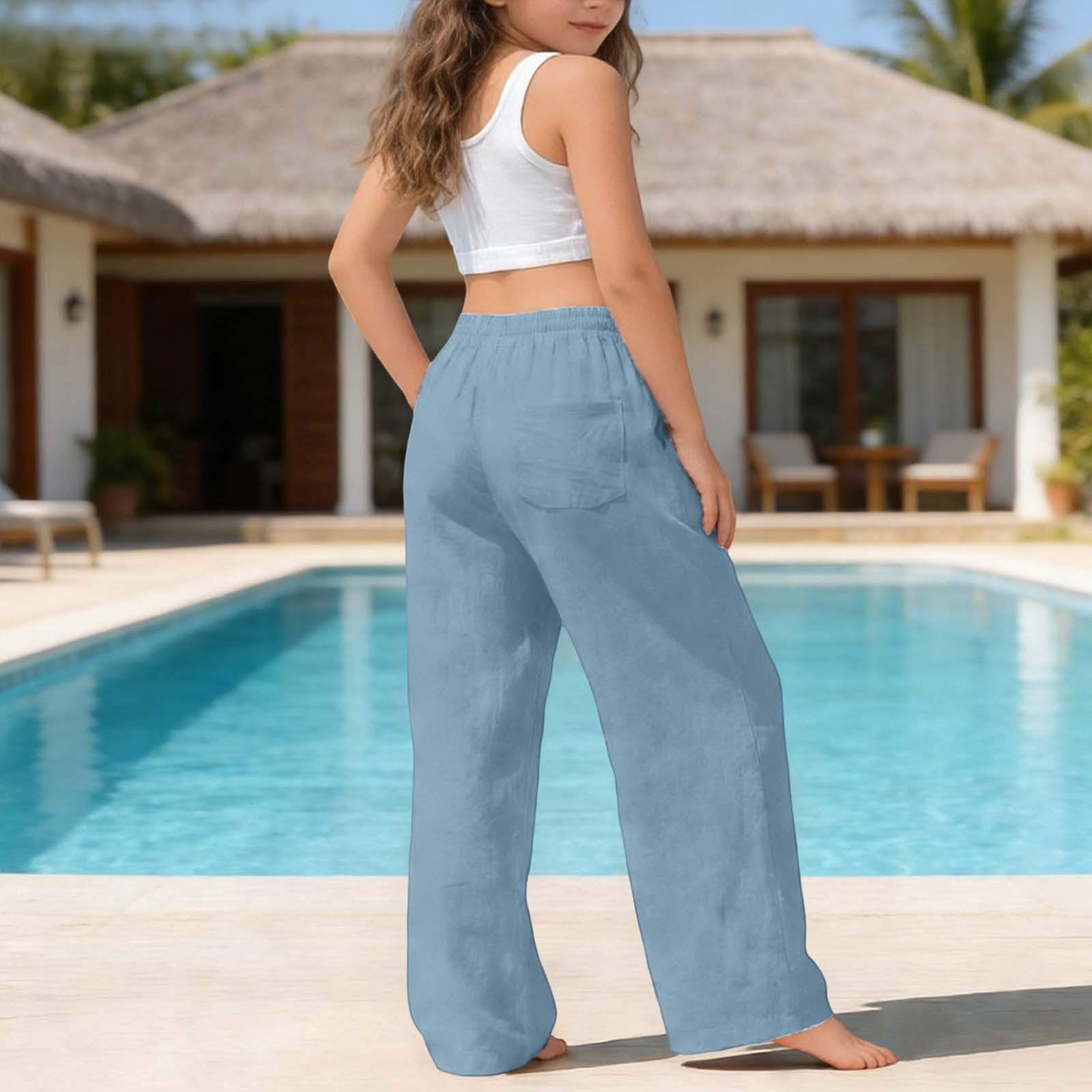 Pantalones de Verano Niña Algodón y Lino Cintura Elásticos Bolsillos Cordón Sueltos Causal Ligero Transpirable Deportivo 4-15 años