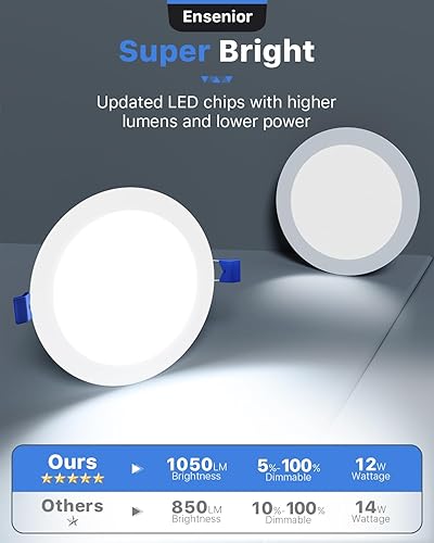 Miniatura 3 de Ensenior Paquete de 12 luces LED empotrables de techo de 6 pulgadas, regulable, luz diurna de 5000 K, 1050 lúmenes, 12 W, 120 V, luz descendente de