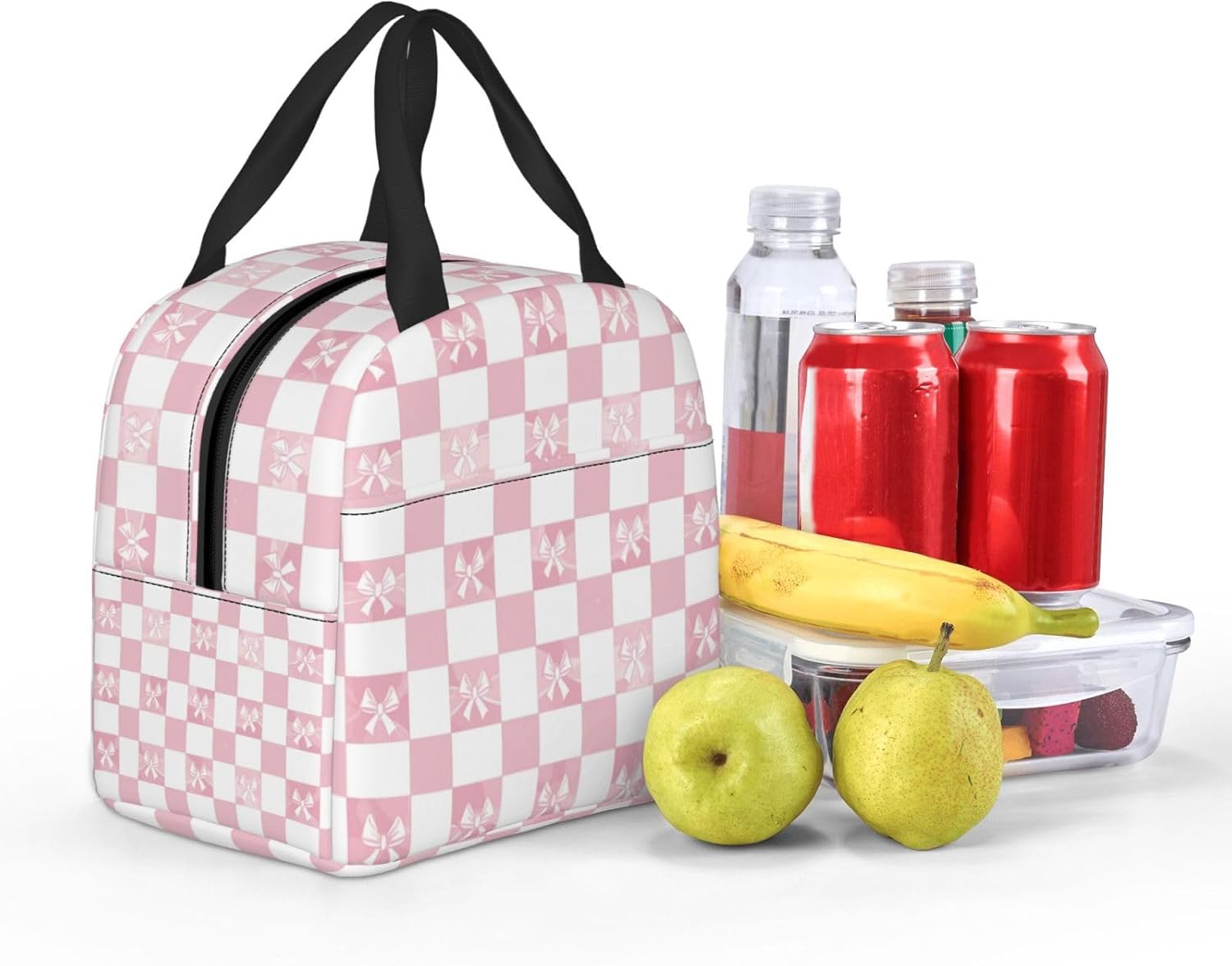 DADABULIU Lunch Bag Pink Check Bow Pattern Insulated Lunch Box Cooler Tote for Adults Student Boys Girls Women Men Work Office School Picnic Beach Reusable Lunchbox Over 3 Years Old