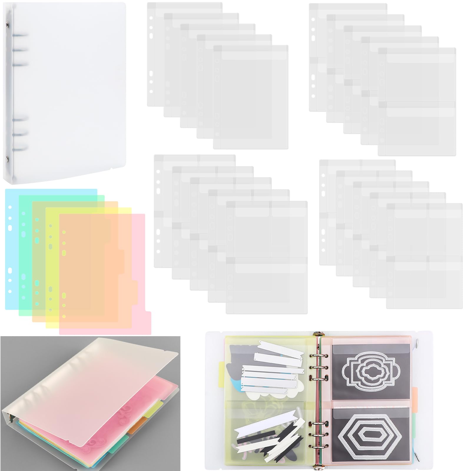 Photo 1 of 26 Pcs/Sets A5 Die Storage Book Binder, 1 Storage Book Cover, 5 Dividers and 20 Page Protectors Inserts Set with 1/2/3/4 Pockets for Storage Craft Supplies Die Cuts and Stamp Storage Folder (Clear)