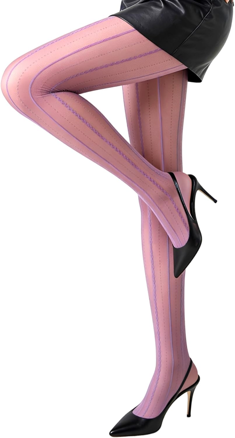 Women's Striped Pattern Lace Tights Sexy Sheer Purple Stockings