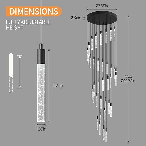 Miniatura 5 de Candelabro moderno de 36 luces para sala de estar, lámparas colgantes de techo de cristal negro, LED, regulables, 216 W, 6000 K, escaleras, grandes