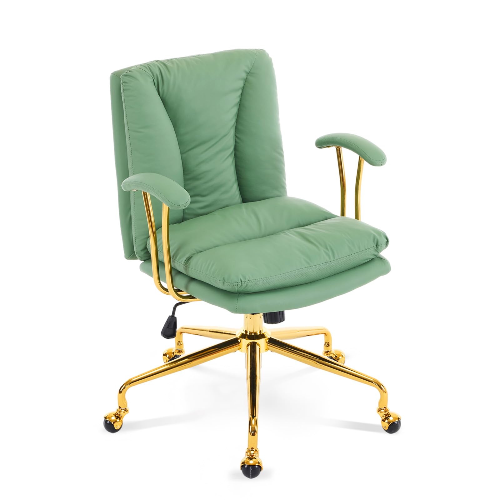VINGLI Office Chair, Wingback Computer Desk Chair with Gold Metal Legs, Adjustable Swivel Task Chair with Padded Armrests, Ergonomic Chair for Bedroom Living Room, Scratch Resistant Leather, Green