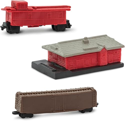 Miniatura 6 de Safari Ltd Trains TOOB con 11 figuras pintadas a mano conectables, incluyendo estación de carga, vagón de carga, vagón de troncos, coche de carbón,