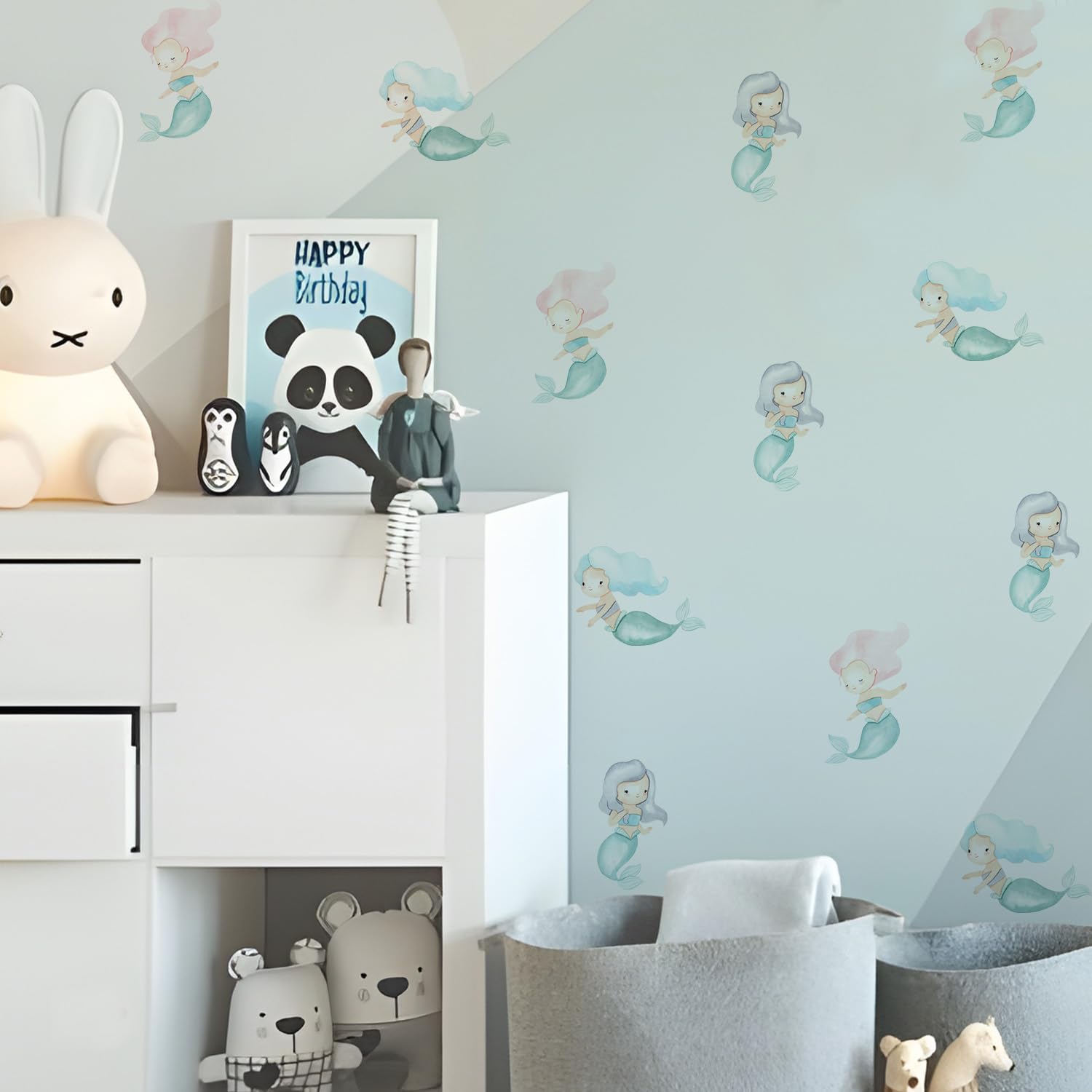 Alwayspon Watercolor Teal Mermaid Art Wall Decals, Peel and Stick Wall Stickers for Living Nursery Room Bedroom Wall Decor