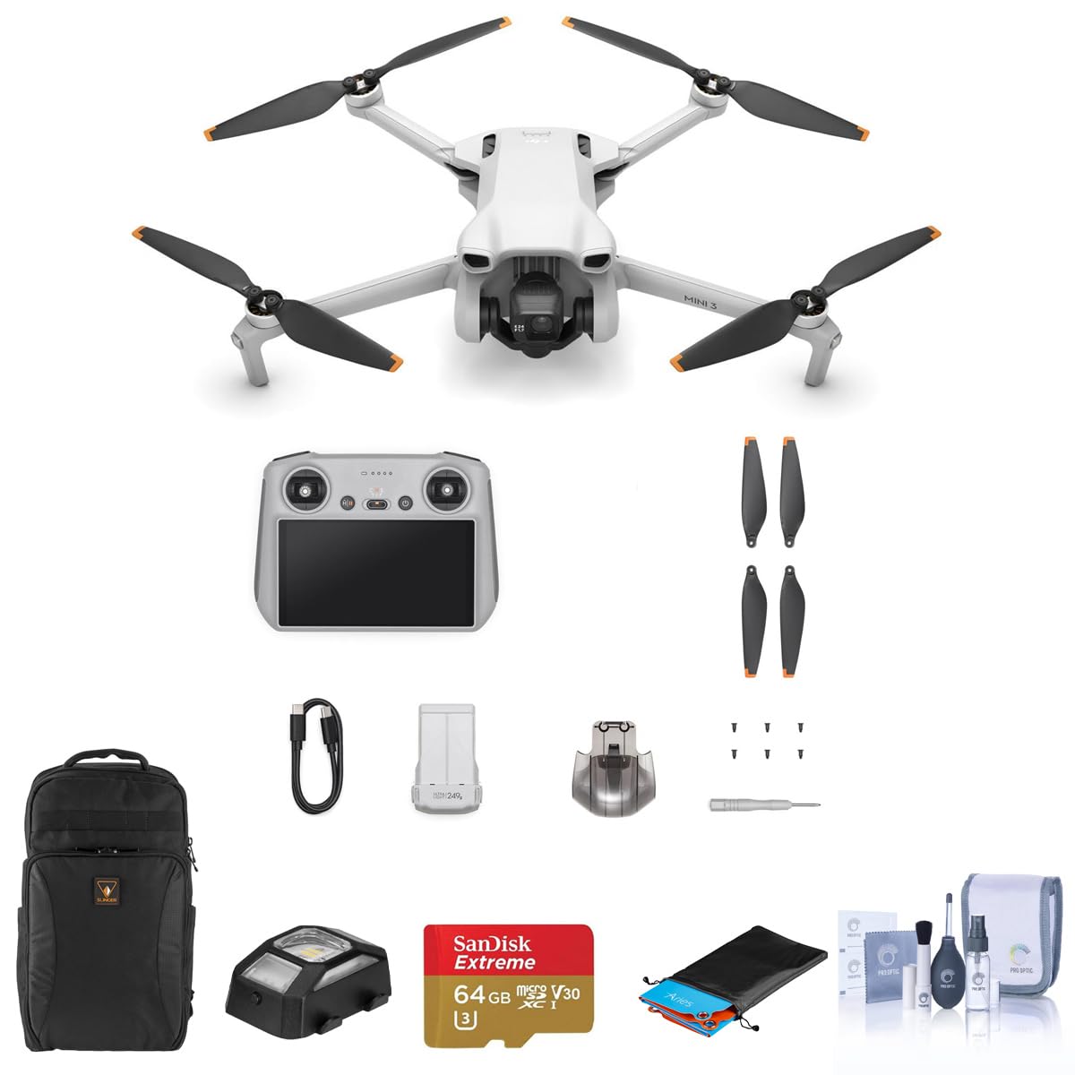 DJIMini 3 Drone with RC Remote Controller Bundle with 64GB microSD Card, Backpack, Anti-Collision Light, Landing Pad, Cleaning Kit