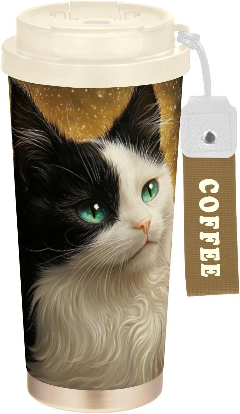Cat Potrait Galaxy Insulated Coffee Mug with Straw & Flip Lid, 16.9oz Iced Tumbler Cup, Double Wall Vacuum Mug for Travel Office