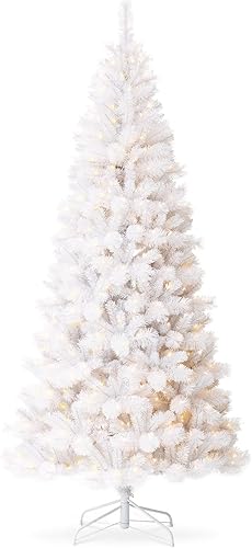 Miniatura 8 de Glitzhome Árbol de Navidad artificial de abeto delgado preiluminado de 6 pies, árbol de Navidad navideño con 300 luces blancas cálidas y soporte de
