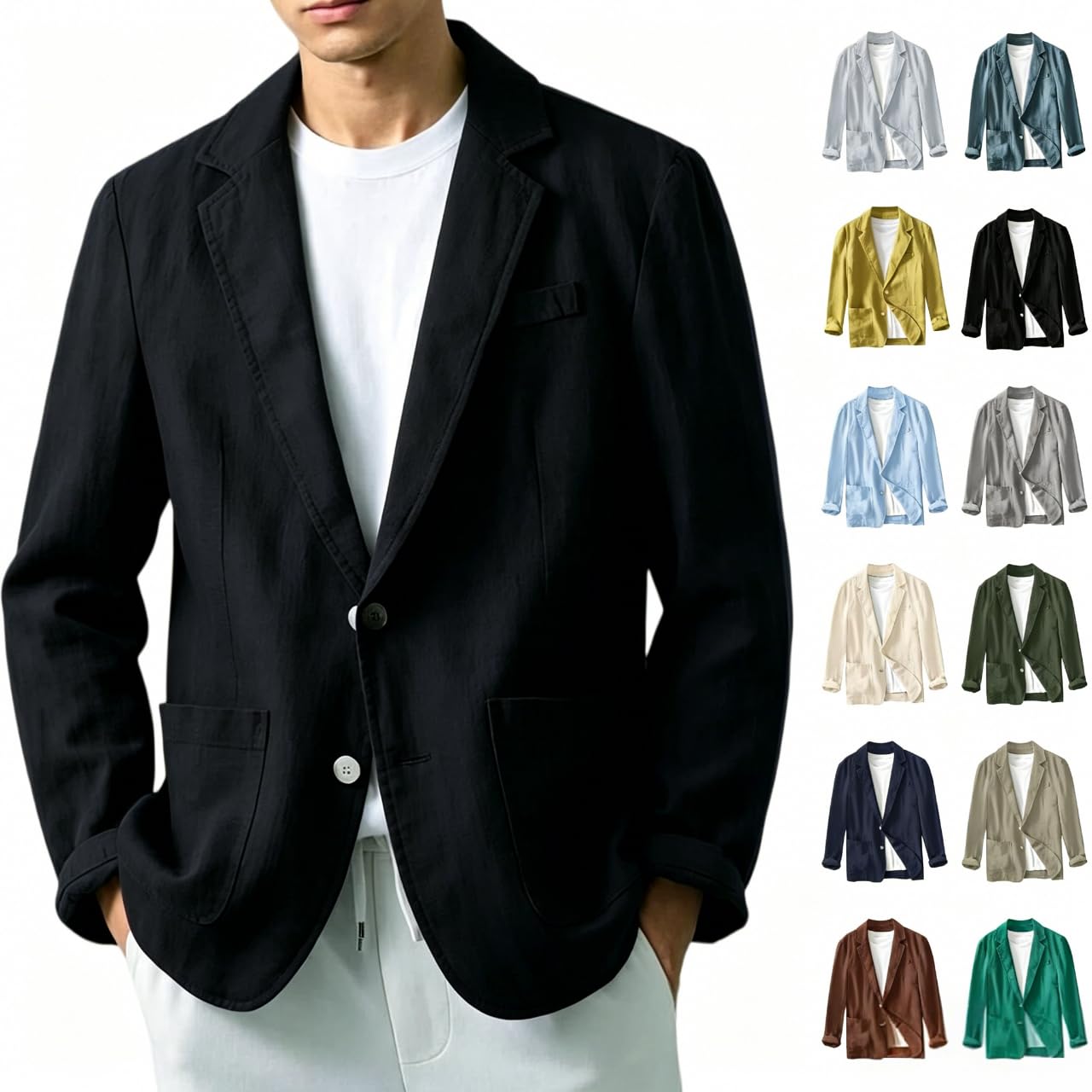 Blazer Hombre Verano Lino, Americana Hombre Casual Talla Grande Manga Larga Holgados Solapa Cazadora con Botones Color Sólido Moda Cómodo Blazer Lino Abrigo con Bolsillos para Uso Diario