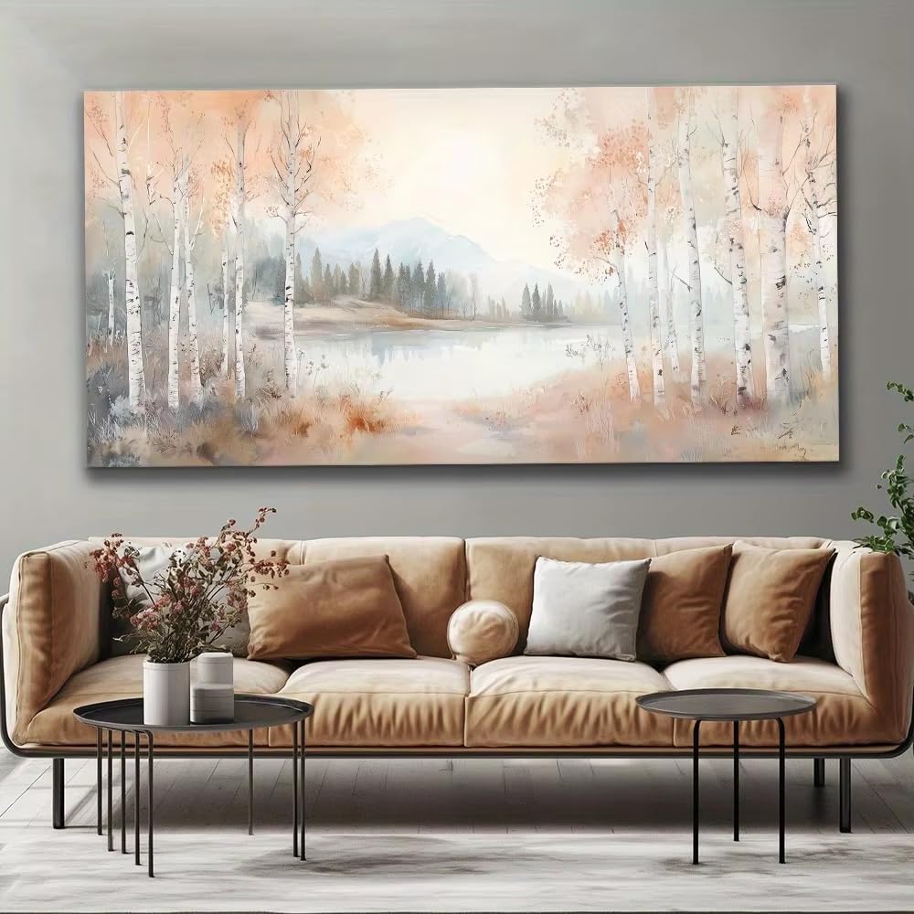 AEFOUU Birch Lined Lake Canvas Wall Art Painting, Canvas Wall Art Picture Living Room Printing Office Home Decoration Artwork Prints(80x160cm/32x63in/Frameless)
