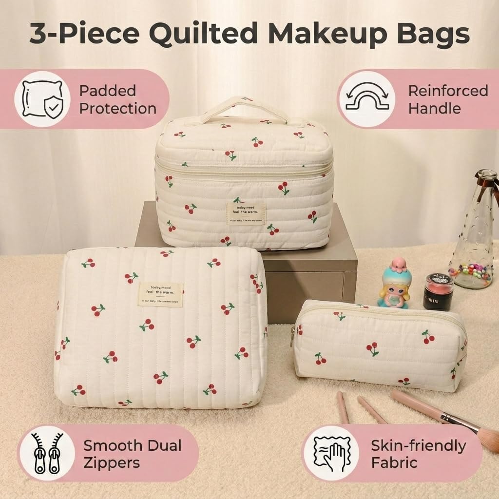 Makeup Bag Set, Quilted Makeup Bag 3PCS Cotton Cosmetic Bag Travel Makeup Bag Toiletry Bag for Women, Portable Make Up Bag Organizer, Gift for Her, Cherry