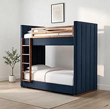 STRATA FURNITURE Solid Wood Velvet Upholstered Bunk Bed with Ladder | Wooden Twin Over Double Bed for Bedroom Living Room and Home (Blue)