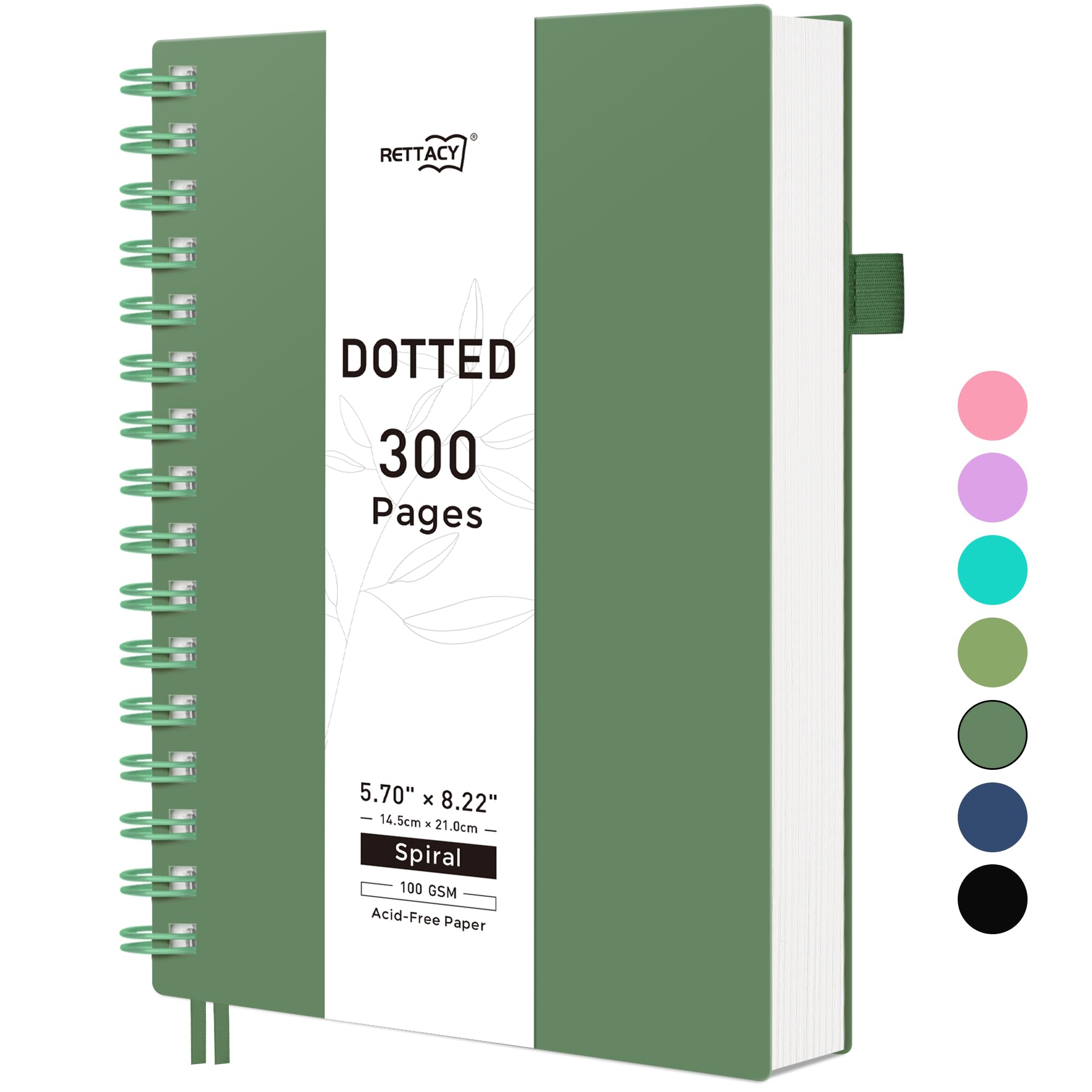 RETTACY A5 Dotted Notebook, Bullet Dot Grid Journal, Wirebound Spiral Notebooks 300Pages /150 Sheets for Writing,100gsm, PVC Hardcover, for Women Men Work Office School, 14.5 x 21cm - Dark green