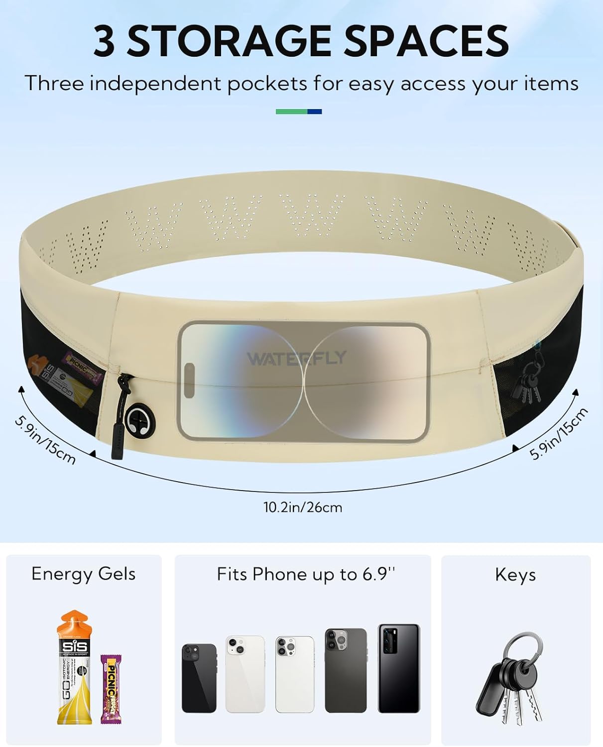 WATERFLY Running Belt Fanny Pack: Slim Waist Bag for Men Women, Workout Fitness Phone Holder for Exercise Marathon Jogging-Beige - Image 4