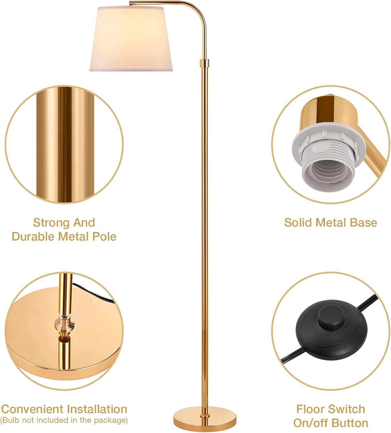 Gold Floor Lamp for Living Room - Arc Standing Lamps with Adjustable Lamp Head for Bedrooms - Mid Century Tall Pole Gold Lamp for Home Office Reading, Home Decor, Modern LED Floor Light Antique Brass