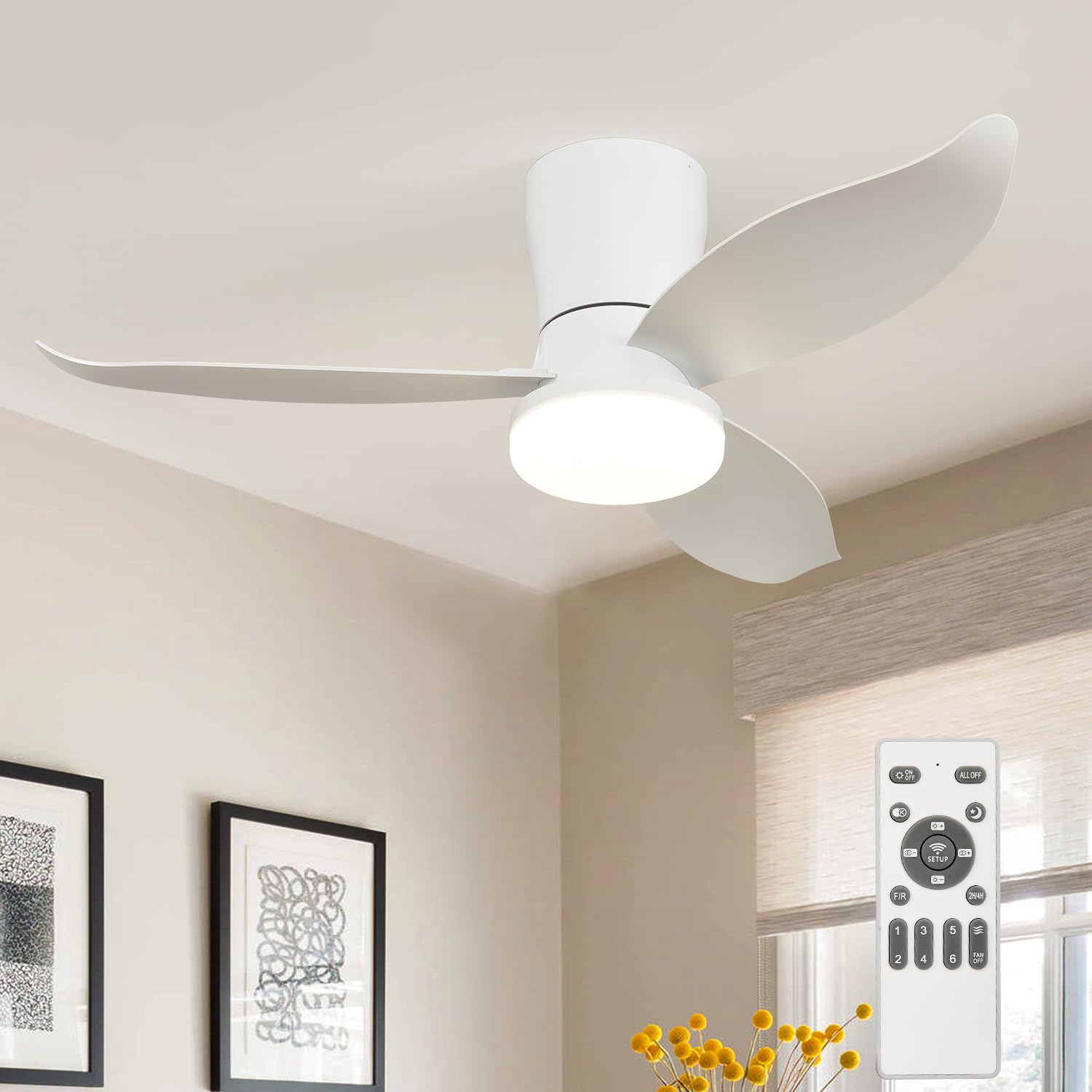 Ventilador Techo con Luz y Mando a Distancia - 95CM Lámpara Ventilador Silenciosa 6 Velocidades Dc Reversible Ventilador Plafón Temporizado Para Salón Dormitorio Comedor