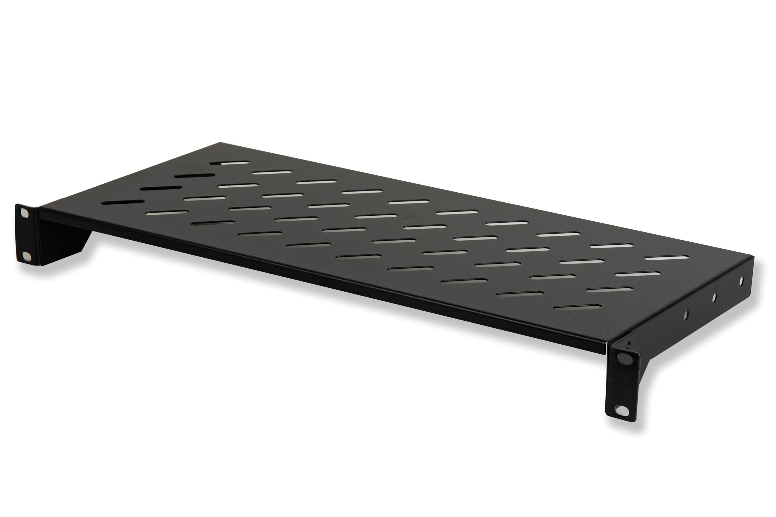 LINK LKRIP200N - Mensola in acciaio per armadio rack 19" (200 mm profondità, nero RAL9005) – Superficie traforata per ventilazione – Portata 30 kg e attacchi frontali universali
