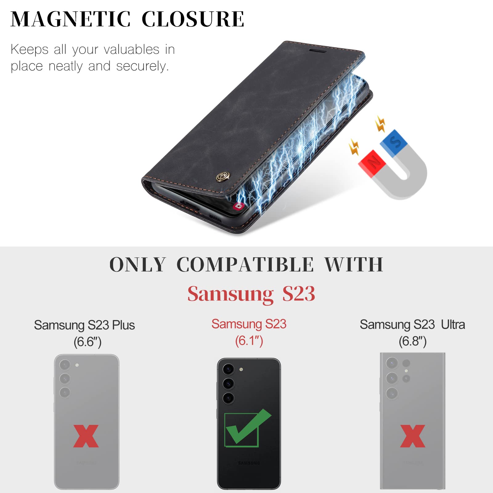 KZB Etui Portfelowe do Samsung Galaxy S23 5G z klapką etui ze skóry PU Premium portfel przegródki na karty magnetyczne funkcja stojaka, Czarny
