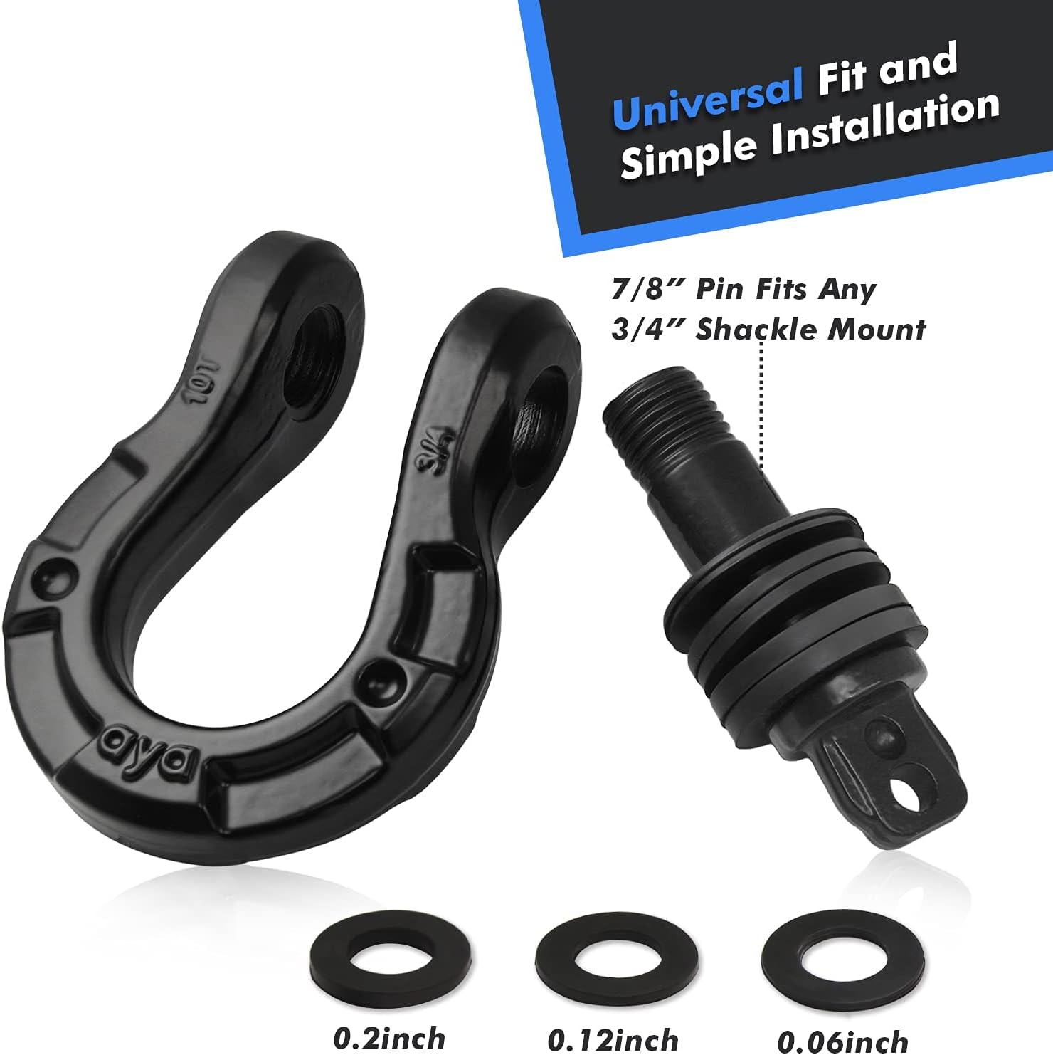 Shackles 3/4" D Ring Shackle (2 Pack) 77,000Ibs(35T) Break Strength with 7/8" Screw Pin and Shackle Isolator & Washers Kit for Tow Strap Winch Off Road Vehicle Recovery Black