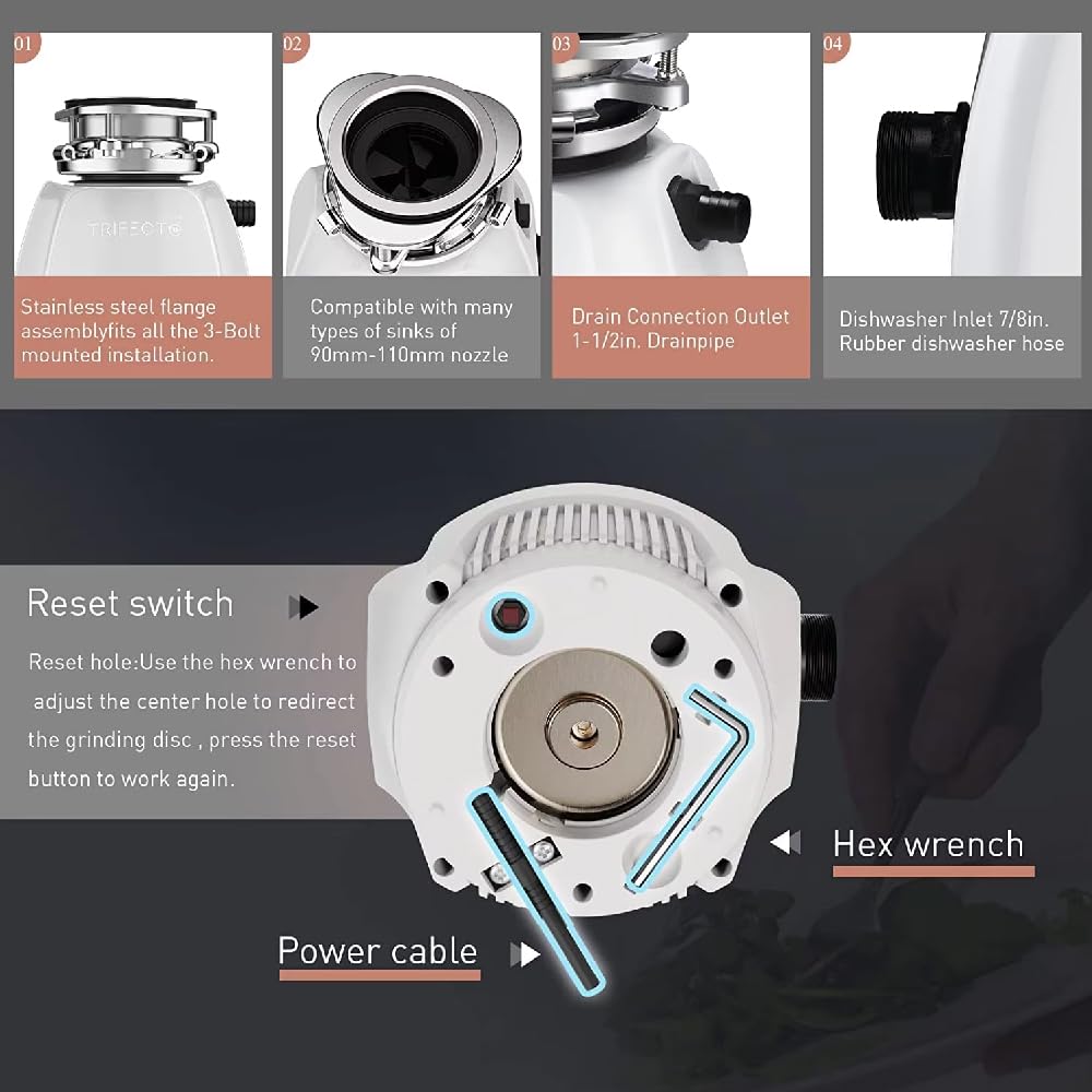 Triturador de Basura, recogedor de Alimentos, triturador de residuos domésticos, 3800 RPM, triturador automático de residuos para Fregadero, 0,75 HP, Continuo, con conexión para lavavajillas, reducci