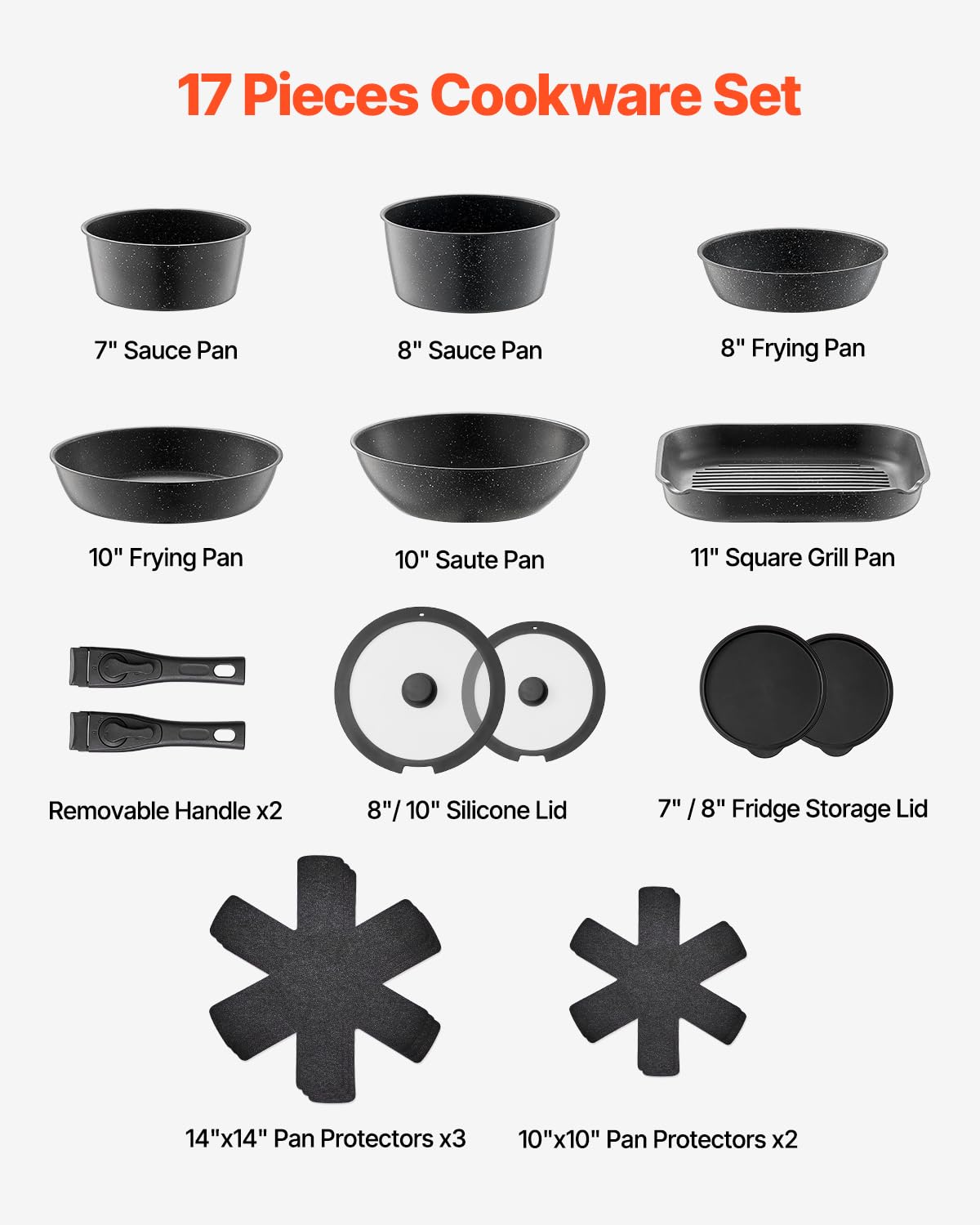VEVOR Pentole e Padelle Antiaderenti, con Manico Staccabile, Set di Pentole a Induzione da Cucina per Camper, con Frittura, Coperchi in Vetro Temperato, Adatti al Forno,17 Pezzi Nero