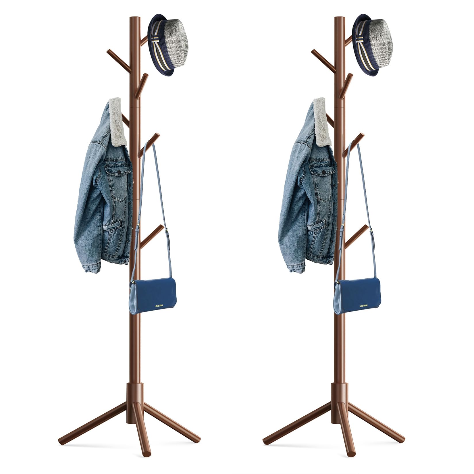 Wooden Tree Coat Rack Stand,Sturdy Freestanding Coat Rack with 8 Hooks,3 Adjustable Height for Child Adult,Wood Coat Stand Tree Fits Entryway Bedroom Office for Bags,Hats, 2 Pack