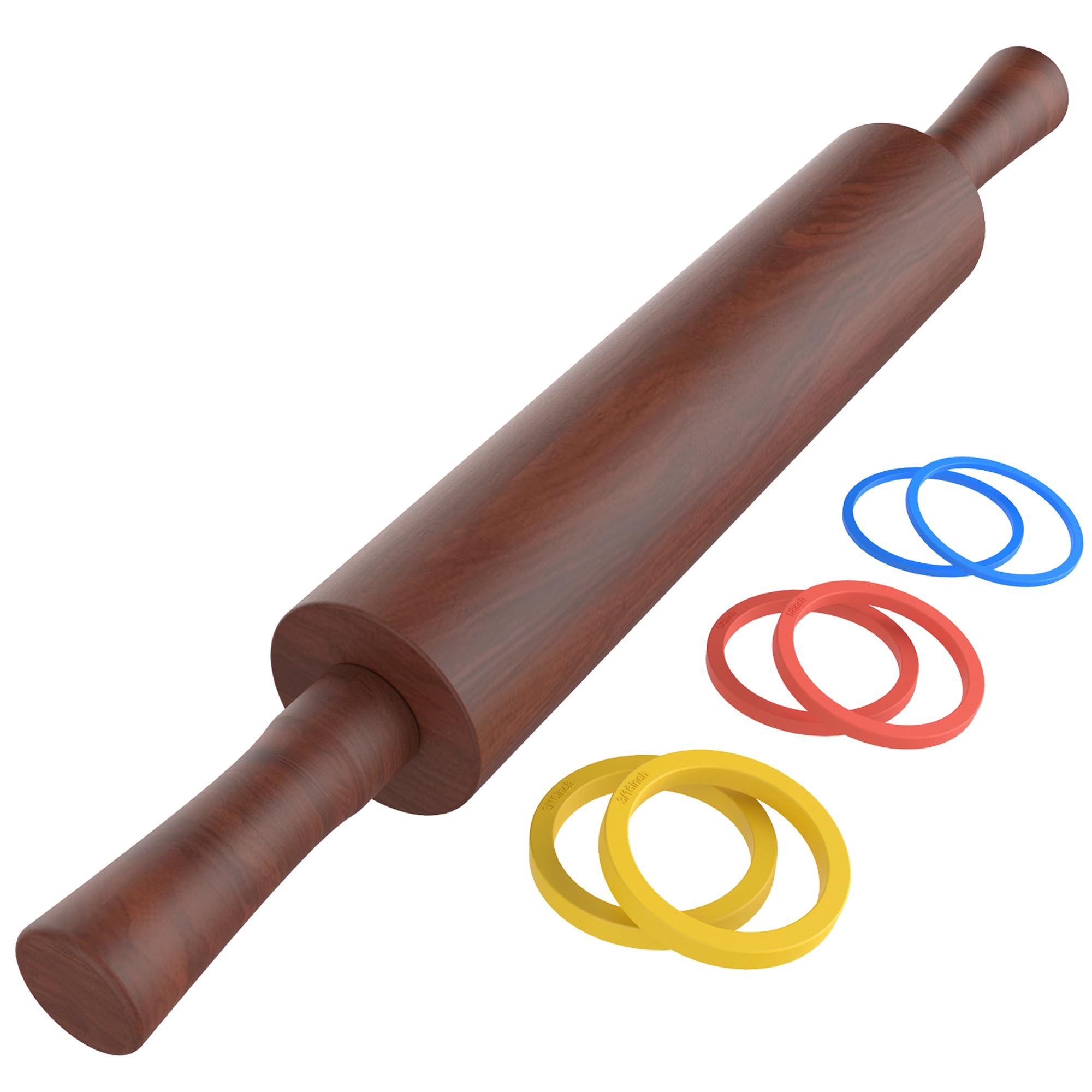 Rodillo de madera clásico con mango para fondant, pizza, pasteles, galletas, pasteles, rodillo para hornear con 3 anillos de grosor multicolor, 17 x 2.5 pulgadas (incluye asa)